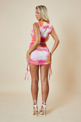 Multi Abstract Print Ribbed Side Ruched Mini Dress - Reni