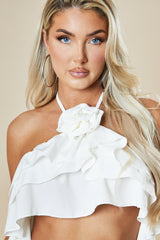 White Rosette Frill Detail Crop Top - Arisa