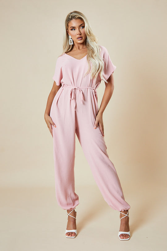 Pink V-Neck Oversized Tie Detail Jumpsuit - Sammie
