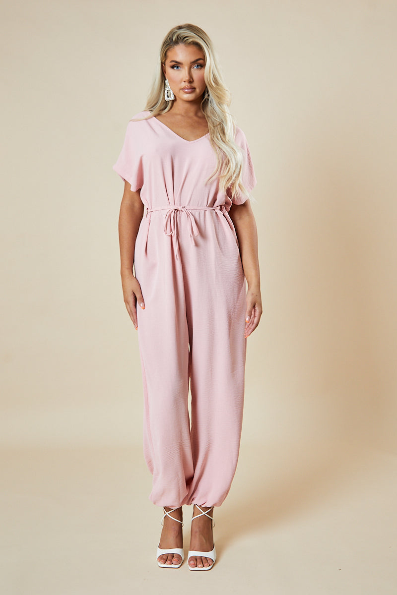 Pink V-Neck Oversized Tie Detail Jumpsuit - Sammie