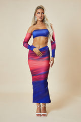 Multi Abstract Print Bandeau Crop Top & Maxi Skirt Co-ord Set - Manna