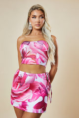 Pink Floral Print Corset Crop Top & Mini Skirt Co-ord Set - Katana