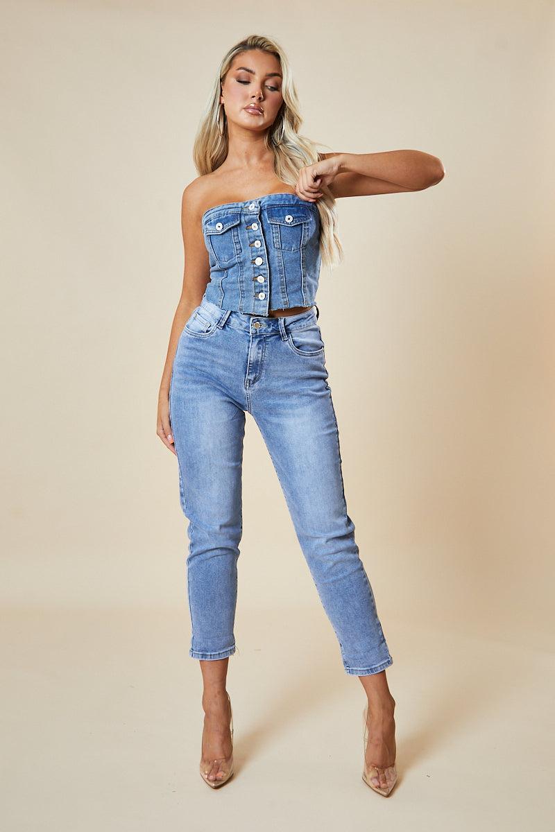 Mid Blue Denim Bandeau Button Front Crop Top - Emiko