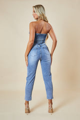 Mid Blue Denim Bandeau Button Front Crop Top - Emiko