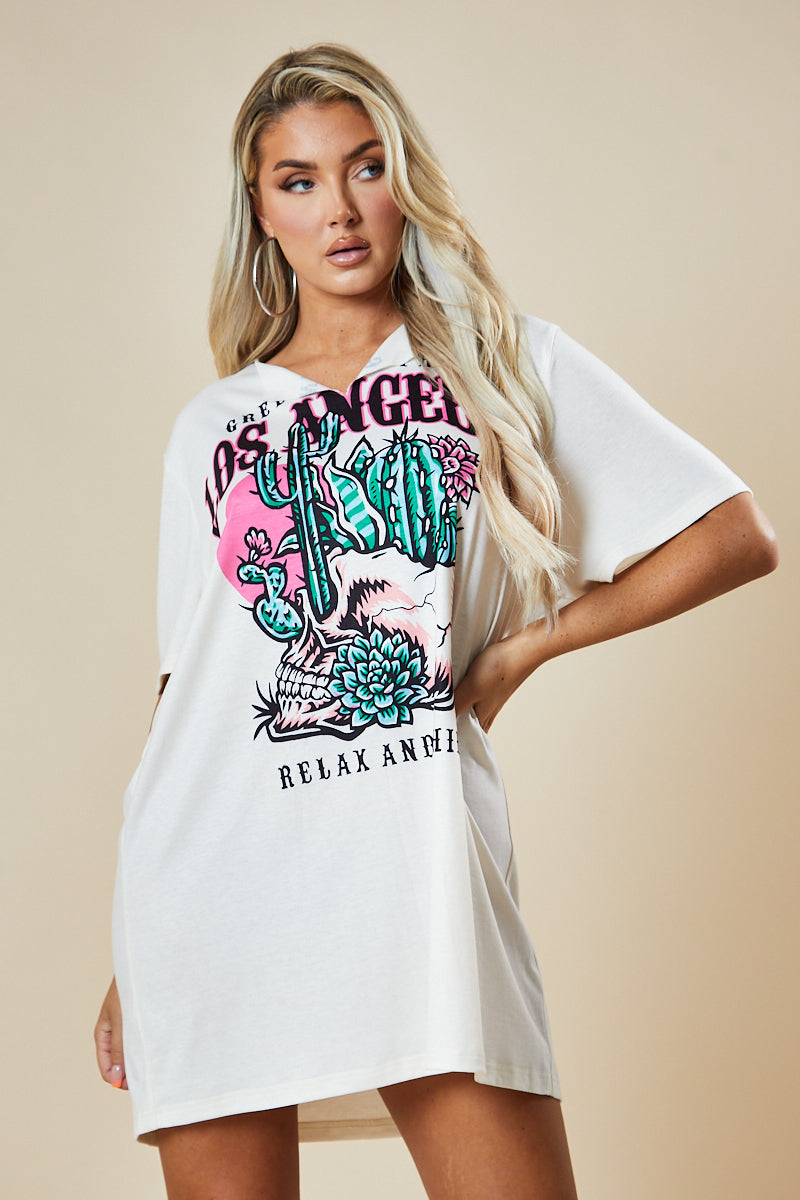 Cream Graphic Print T-shirt Dress