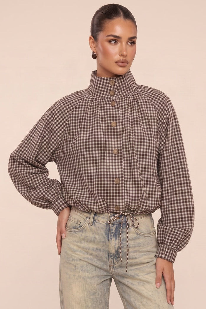 Chocolate Brown Check Funnel Neck Bomber Jacket - Sophaya