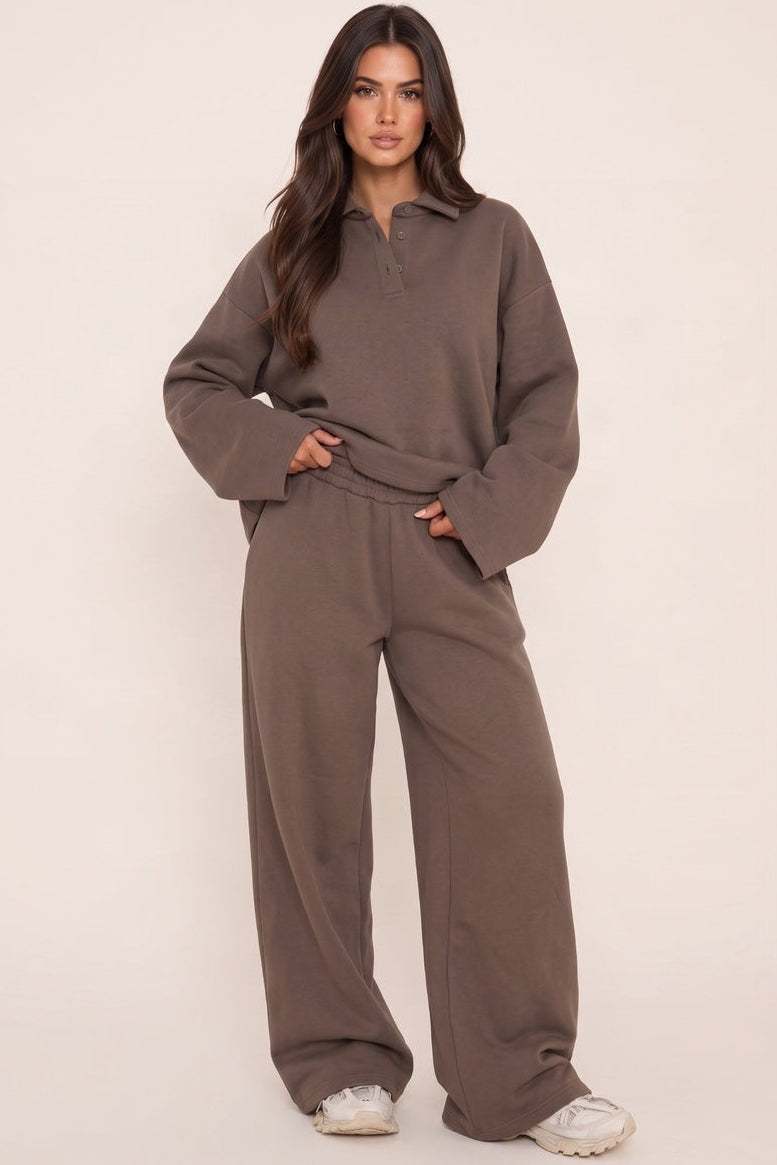 Brown Polo Collar Wide Sleeve Sweatshirt - Deniz