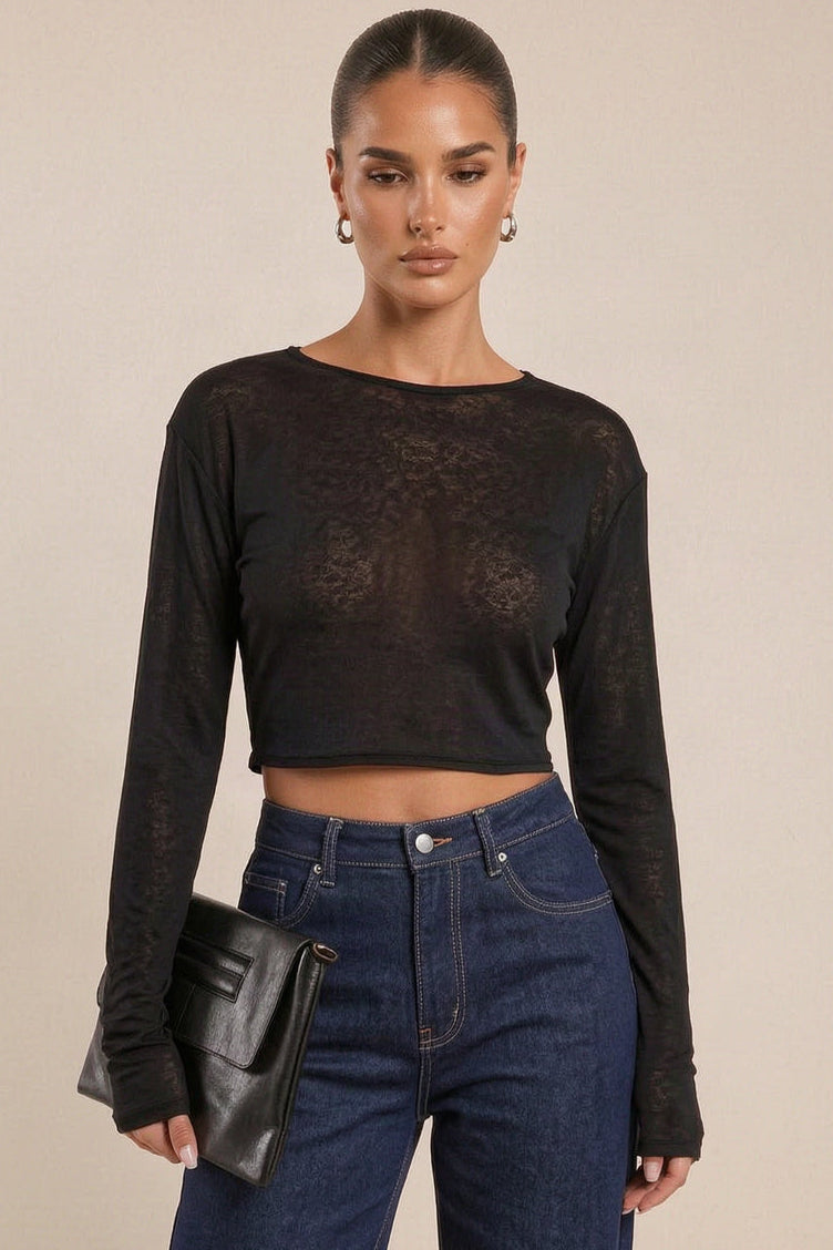 Black Long Sleeve Semi Sheer Top - Keelin
