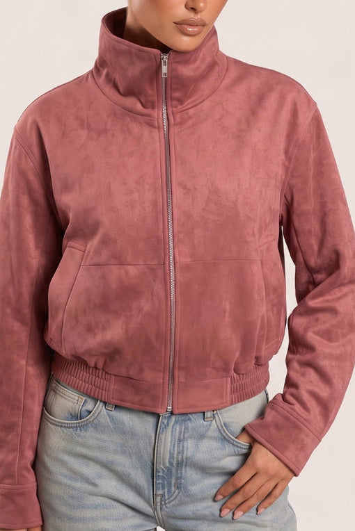 Dusky Pink Faux Suede Bomber Jacket - Reenie