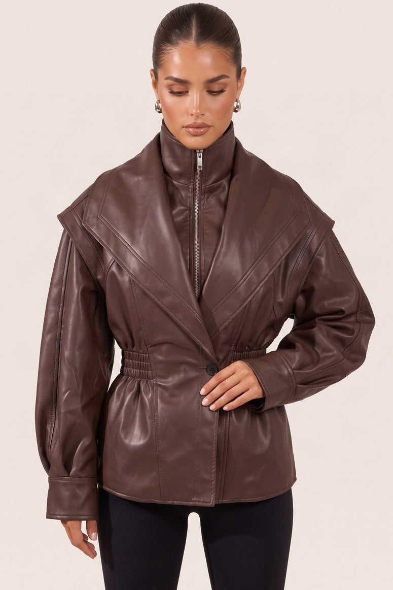 Chocolate Plum PU Balloon Sleeve Cinched Waist Jacket - Laraya