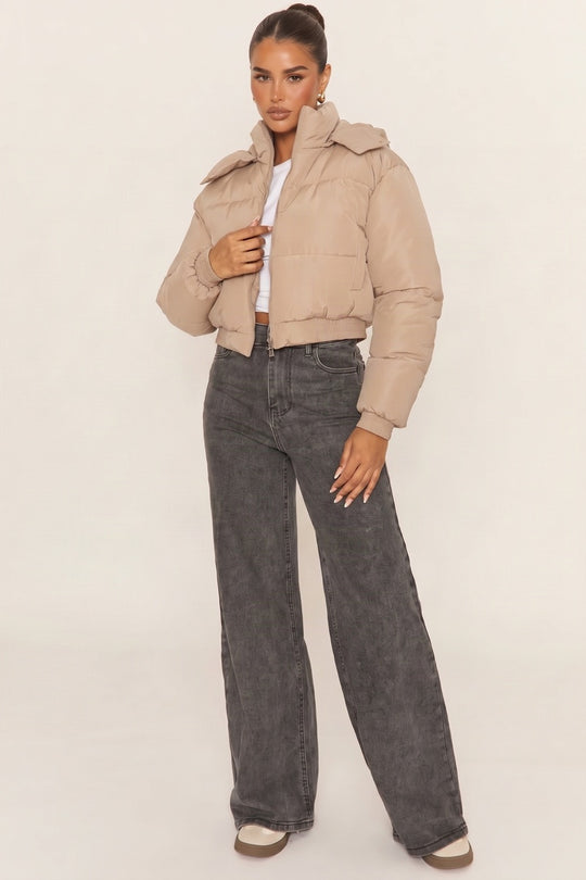 Stone Hooded Zip Through Crop Puffer Jacket - Careen