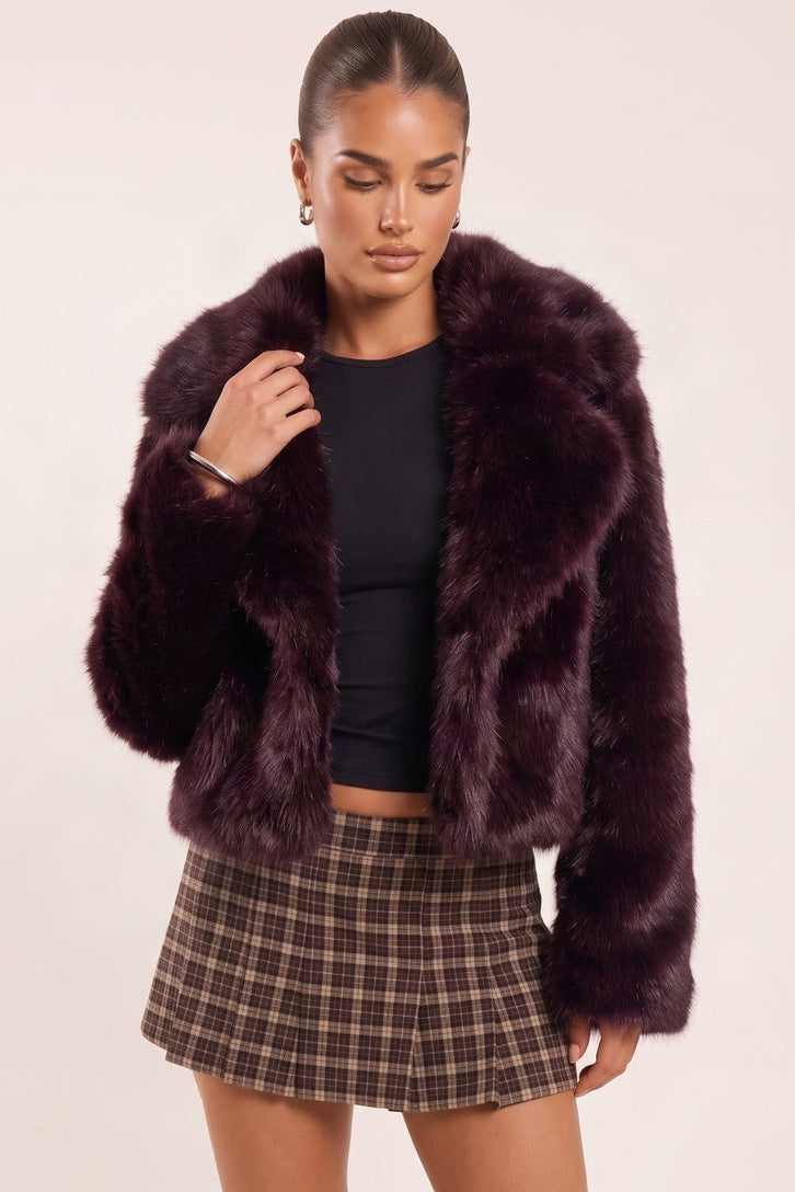 Plum Premium Chunky Collar Faux Fur Coat - Uleena
