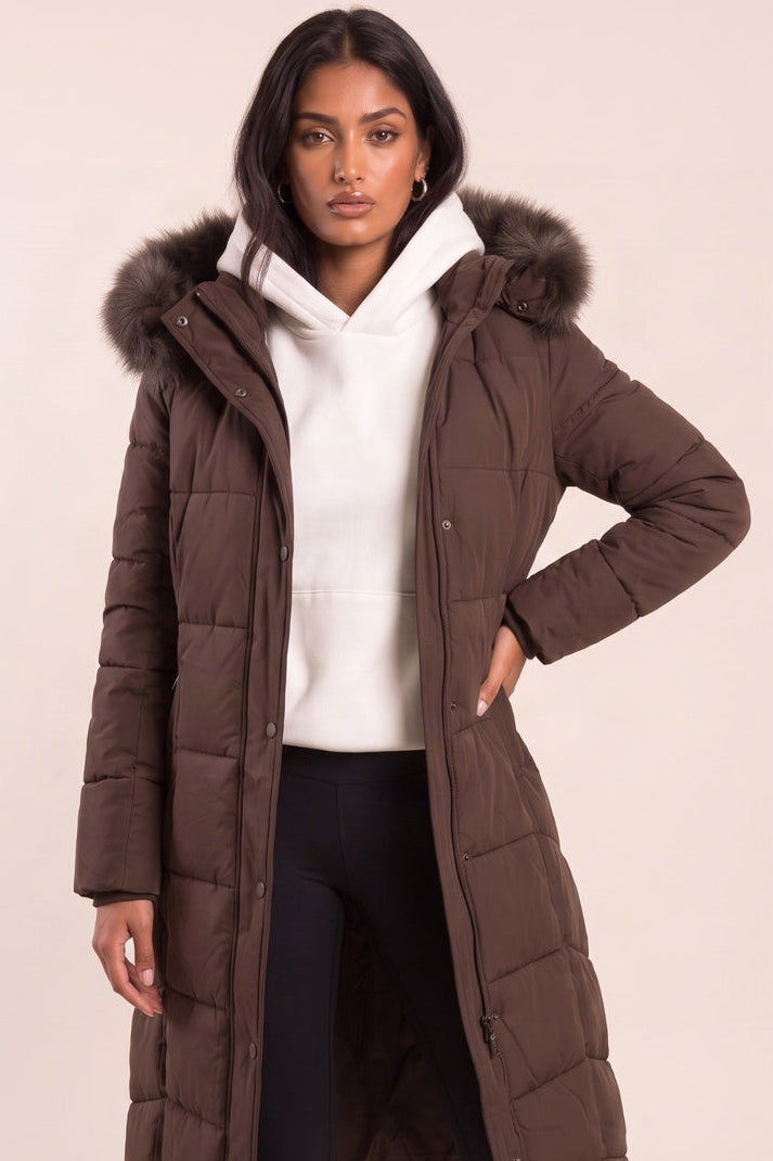 Chocolate Detachable Faux Fur Trim Hooded Maxi Puffer Coat - Prudence