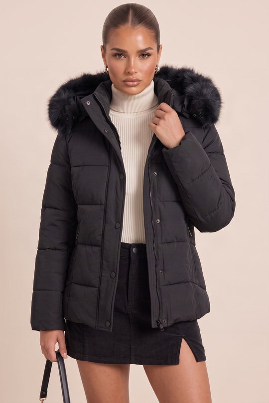 Black Detachable Faux Fur Trim Hooded Longline Puffer Coat - Emily