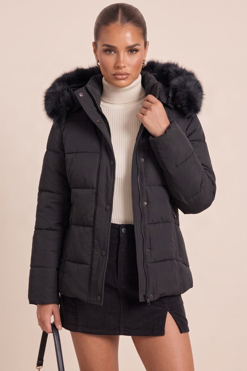 Black Detachable Faux Fur Trim Hooded Longline Puffer Coat - Emily
