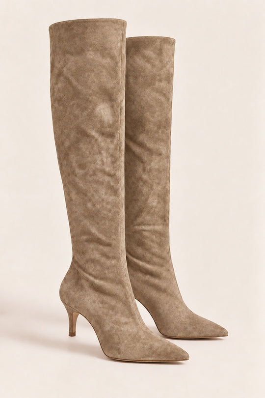 Taupe Faux Suede Stiletto Knee High Boots - Lexi