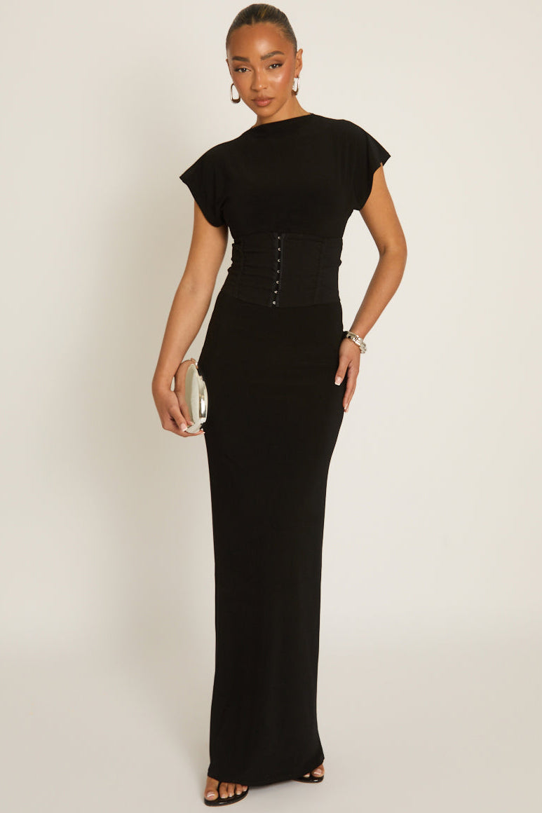 Black 2-in-1 Corset Maxi Dress - Omara