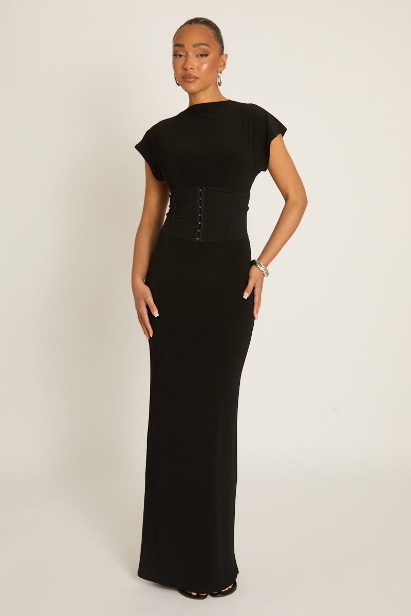 Black 2-in-1 Corset Maxi Dress - Omara