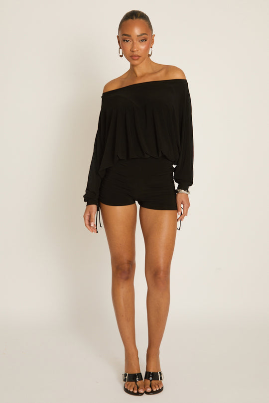 Black Off Shoulder Blouson Playsuit - Kada