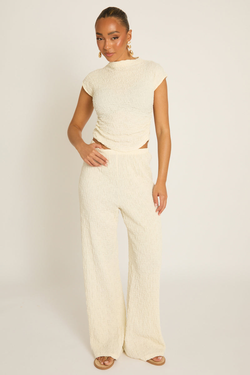 Cream Textured Top and Wide Leg Trouser Co-ord Set - Florence
