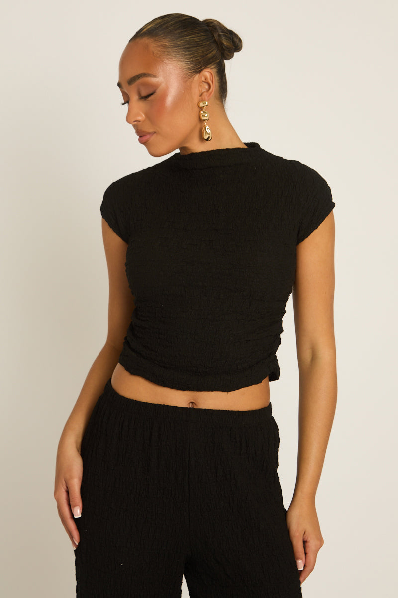 Black Textured Top and Wide Leg Trouser Co-ord Set - Florence
