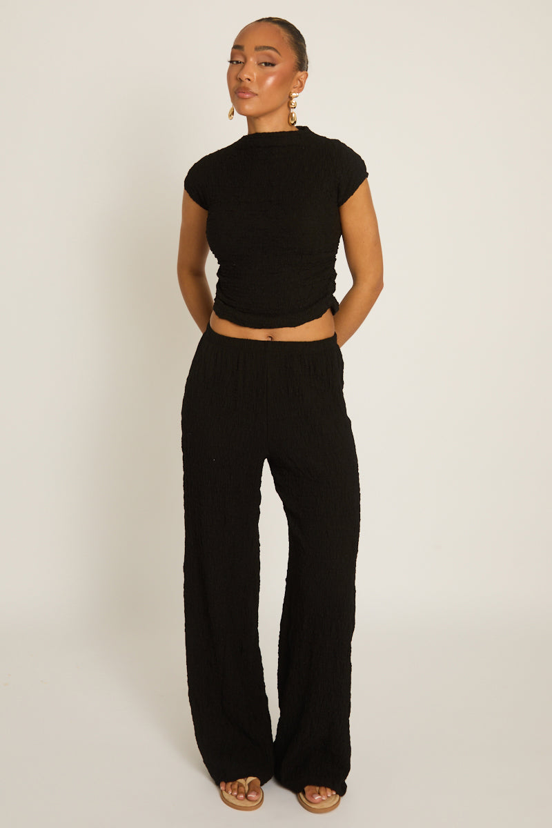 Black Textured Top and Wide Leg Trouser Co-ord Set - Florence