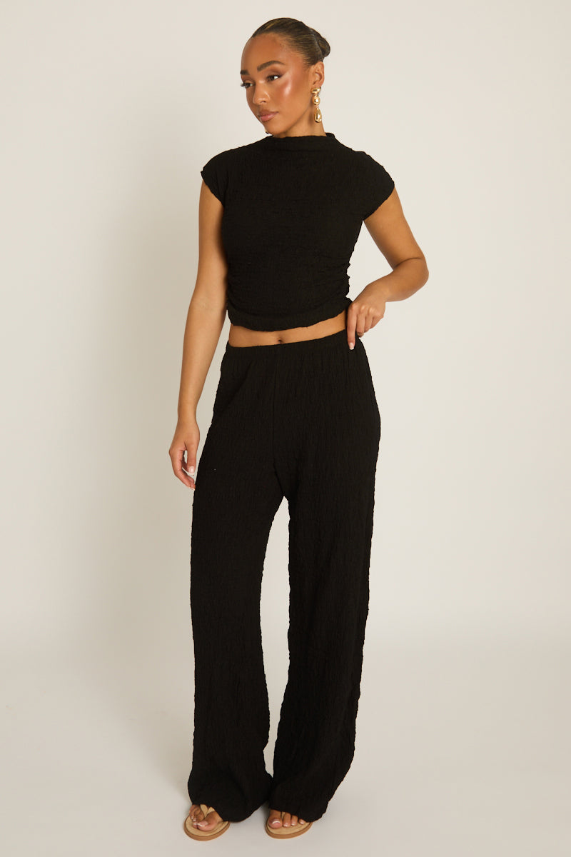 Black Textured Top and Wide Leg Trouser Co-ord Set - Florence