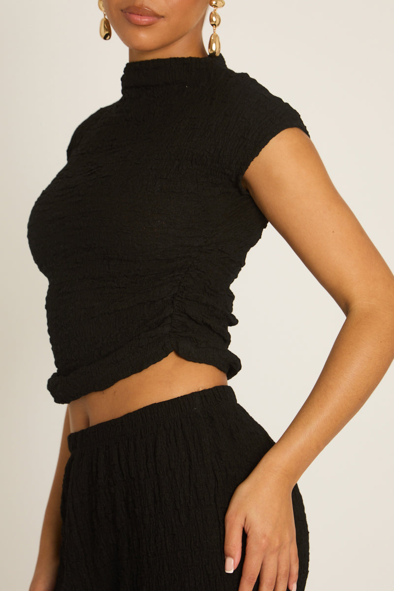 Black Textured Top and Wide Leg Trouser Co-ord Set - Florence