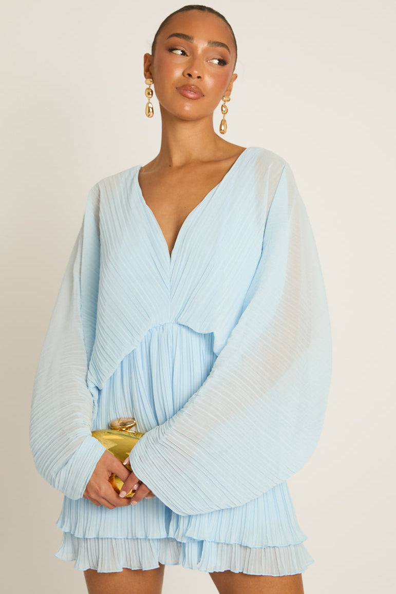 Blue Pleated Ruffle Hem Playsuit - Victoria