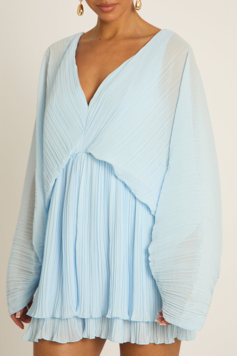 Blue Pleated Ruffle Hem Playsuit - Victoria