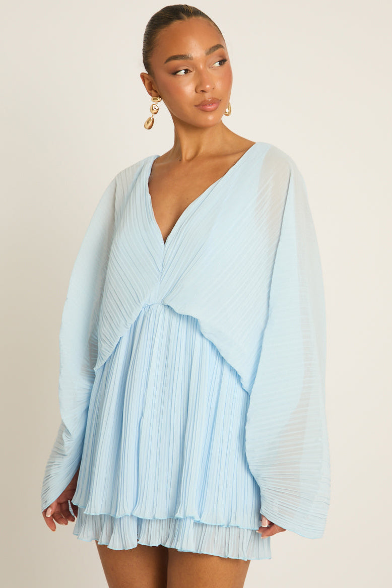 Blue Pleated Ruffle Hem Playsuit - Victoria