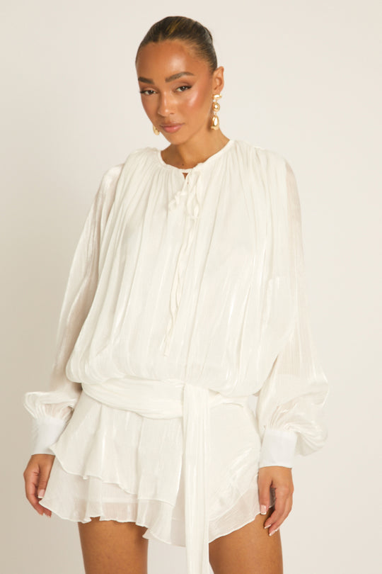 White Tie Front Blouson Mini Dress - Annabelle