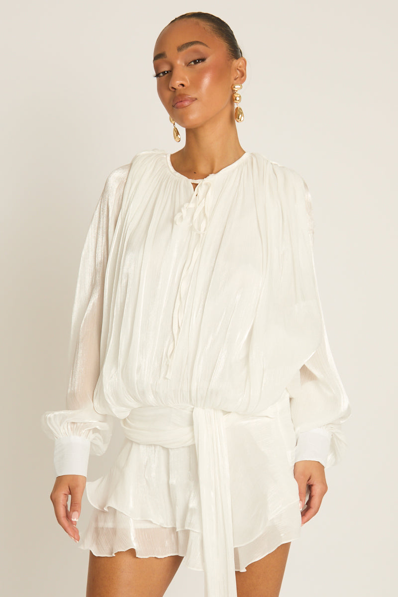 White Tie Front Blouson Mini Dress - Annabelle
