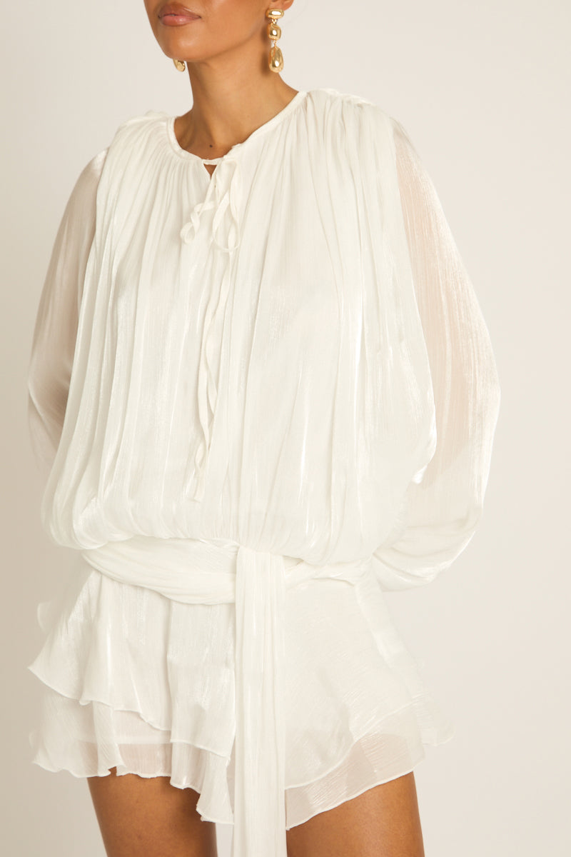 White Tie Front Blouson Mini Dress - Annabelle