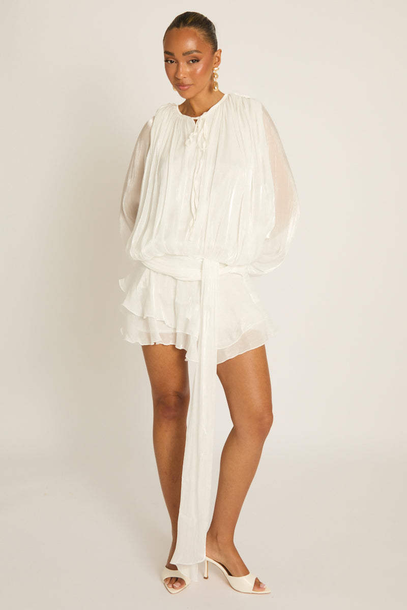 White Tie Front Blouson Mini Dress - Annabelle