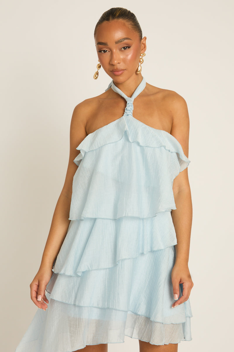 Blue Ruffle Halterneck Mini Dress - Rowan
