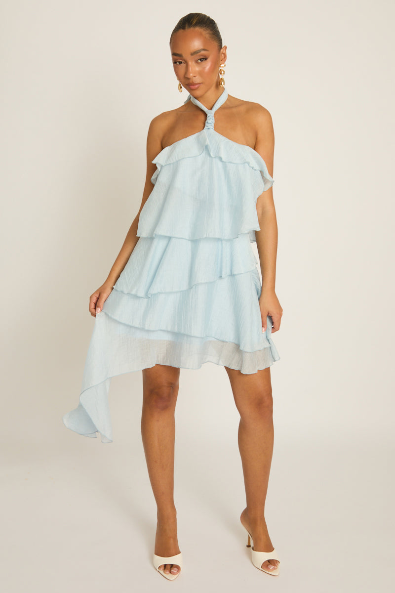 Blue Ruffle Halterneck Mini Dress - Rowan