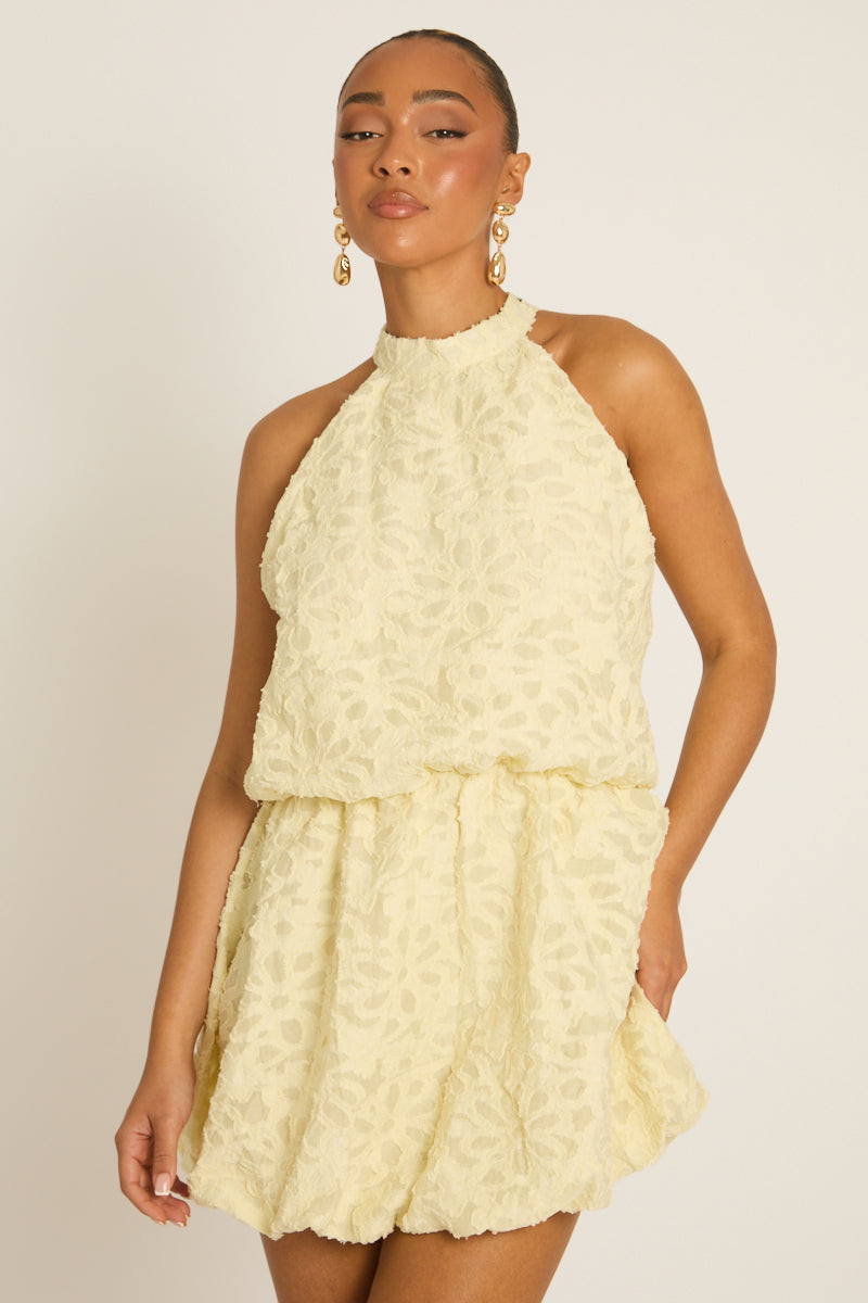 Yellow Burnout Floral Textured Mini Dress - Tiffany