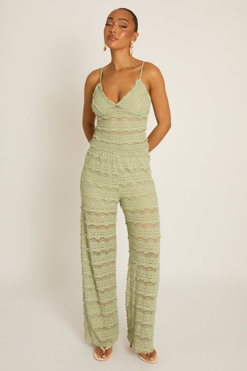 Sage Lace Frill Cami and Trouser Co-ord Set - Verona