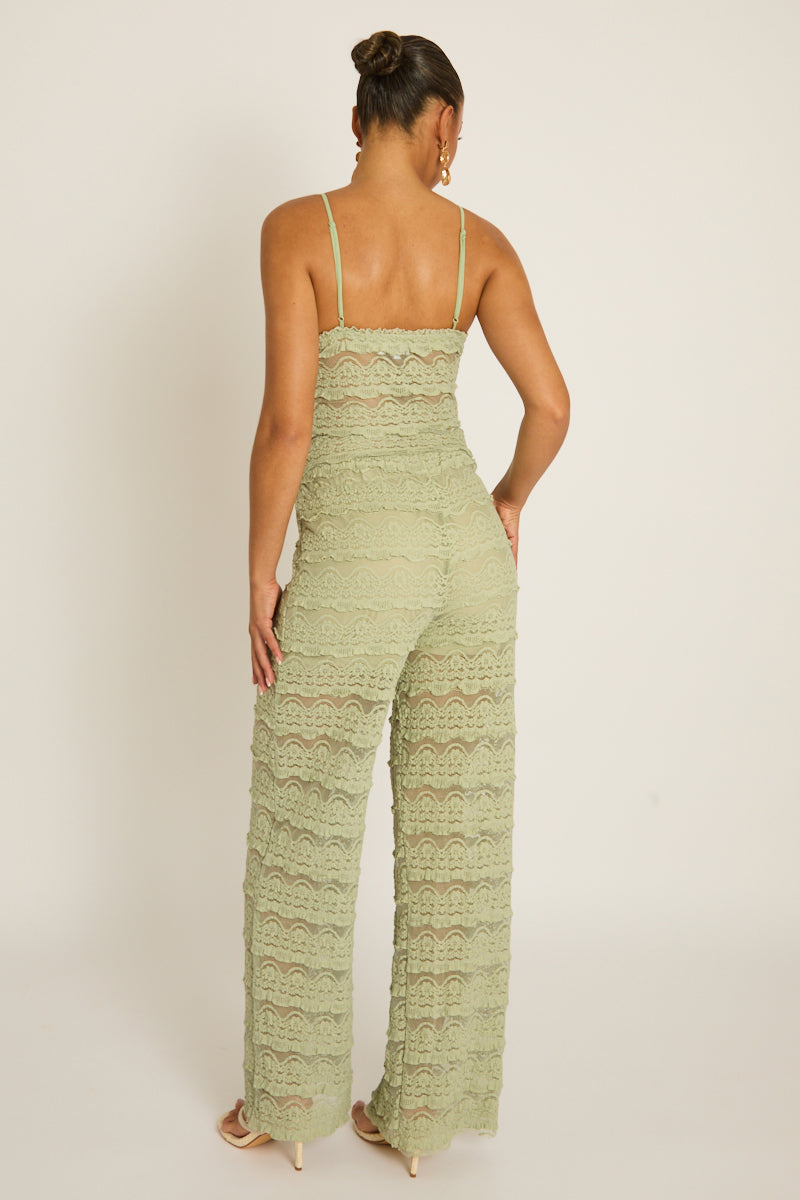 Sage Lace Frill Cami and Trouser Co-ord Set - Verona