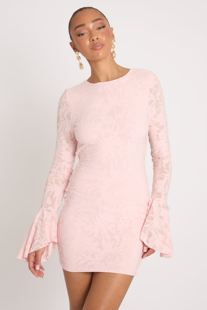 Pink Burnout Floral Flare Sleeve Mini Dress | Dresses