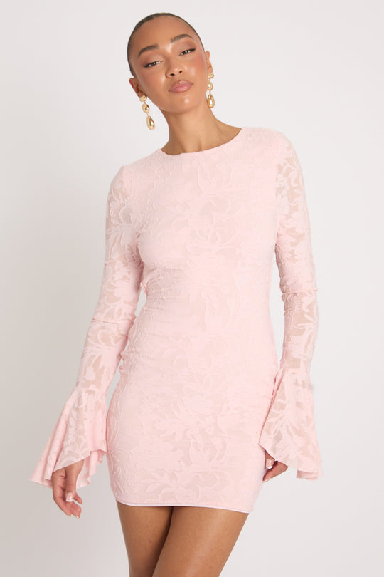 Pink Burnout Floral Flare Sleeve Mini Dress - Macey