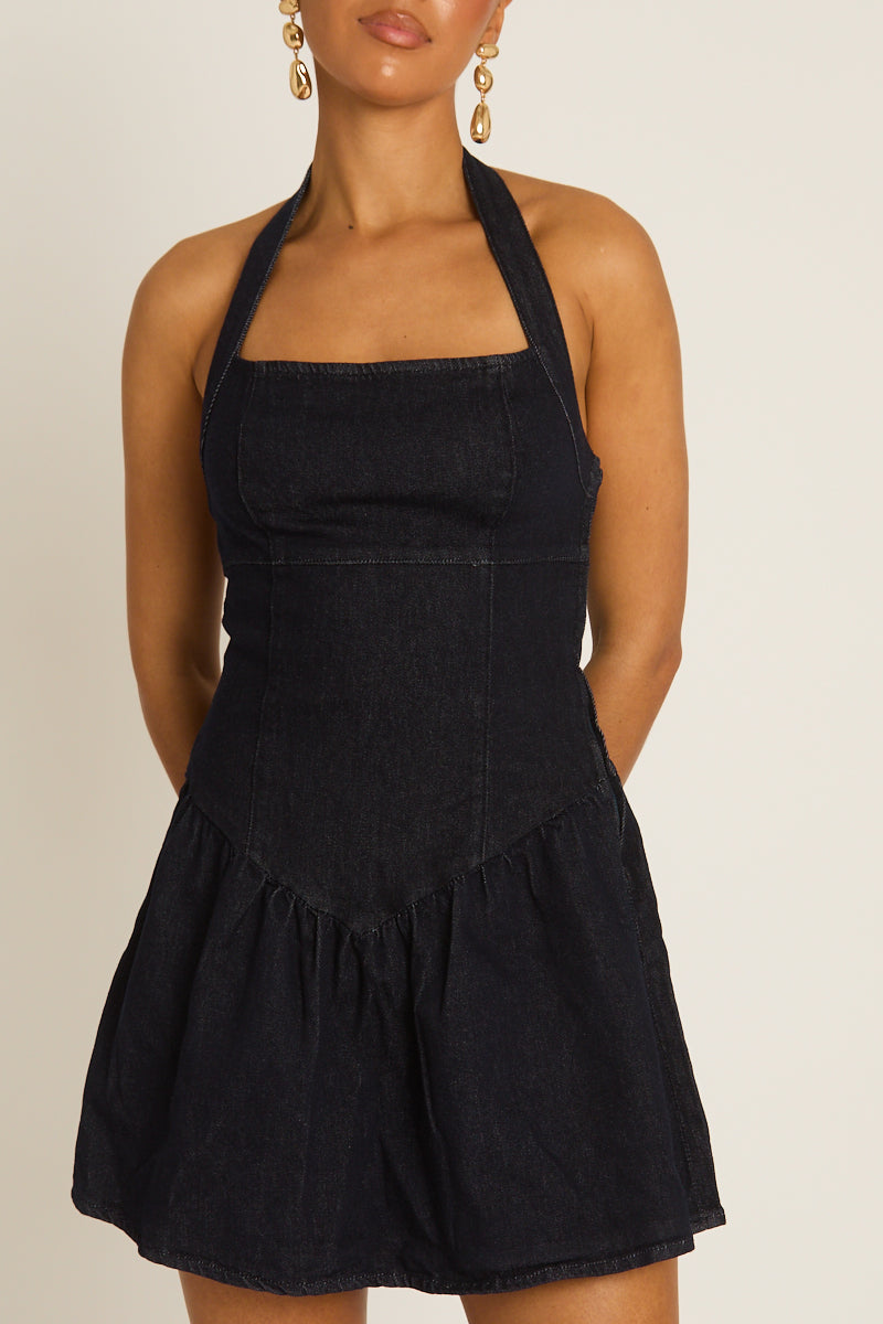 Indigo Drop Waist Denim Dress - Celeste