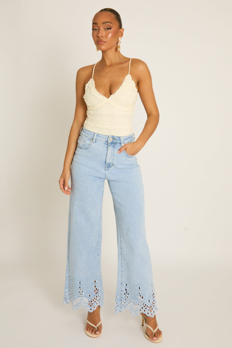 Light Blue Broderie Detail Wide Leg Jeans - Cerise