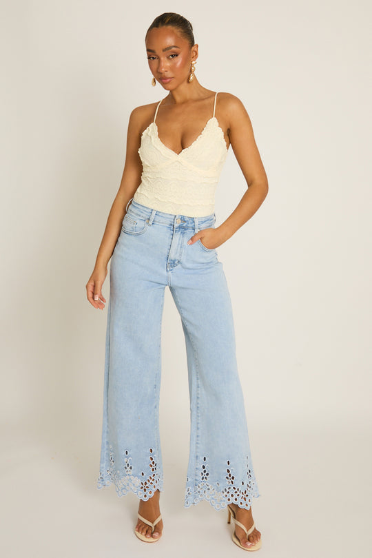 Light Blue Broderie Detail Wide Leg Jeans - Cerise
