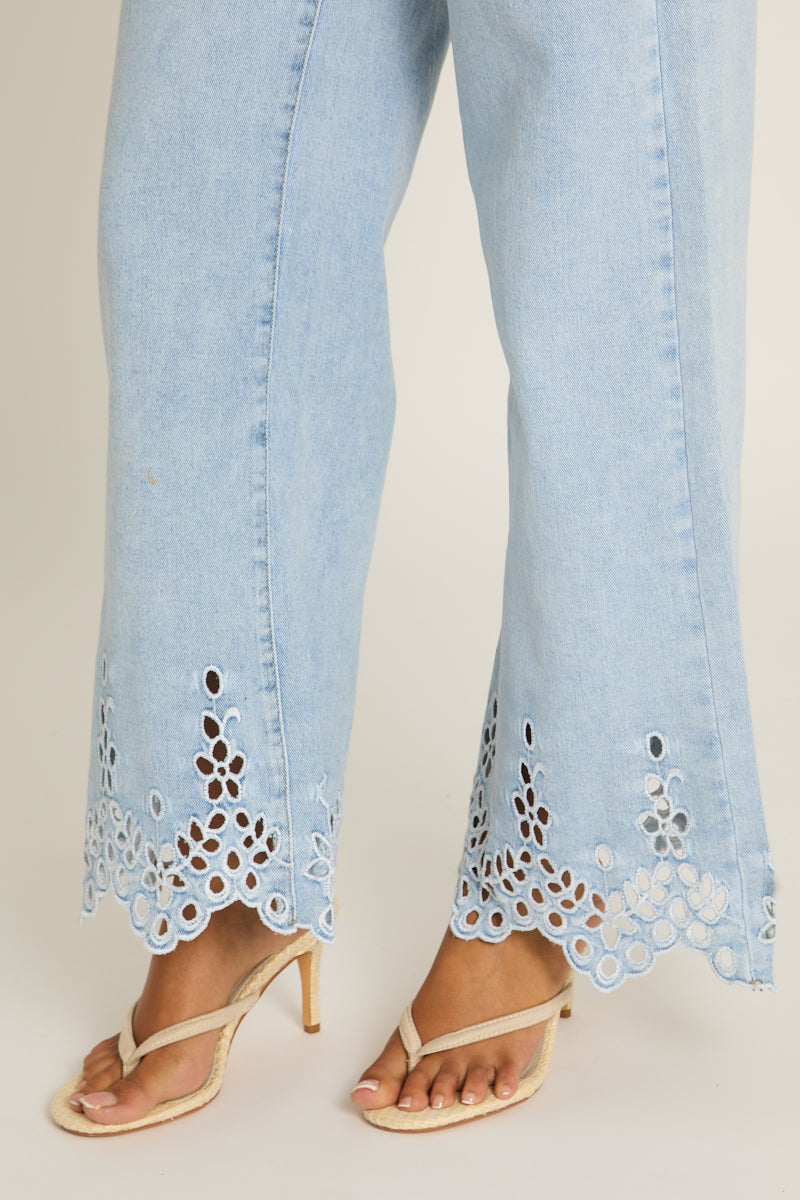 Light Blue Broderie Detail Wide Leg Jeans - Cerise