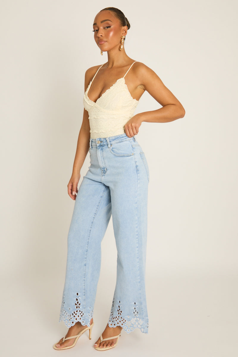 Light Blue Broderie Detail Wide Leg Jeans - Cerise