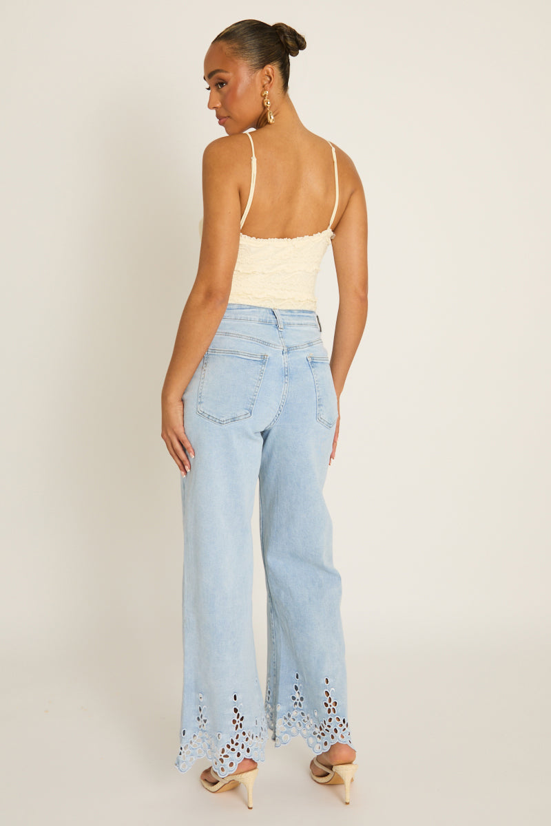 Light Blue Broderie Detail Wide Leg Jeans - Cerise