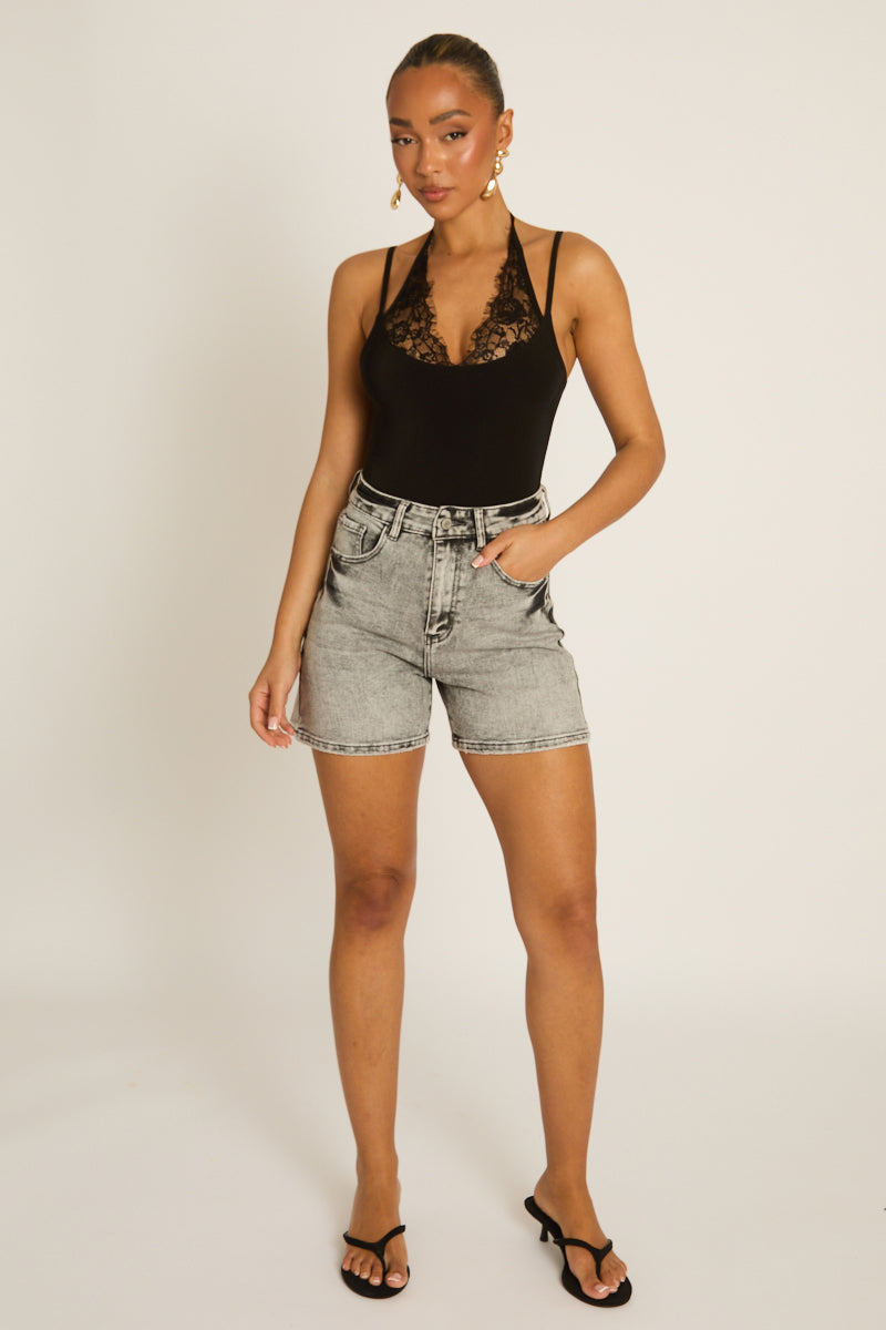 Washed Grey Denim Shorts - Giaa