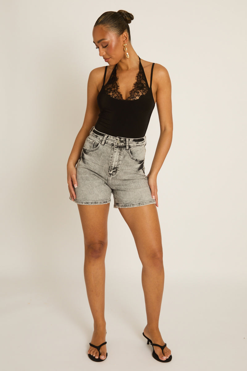 Washed Grey Denim Shorts - Giaa